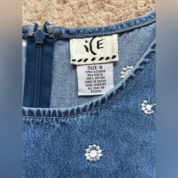 Vintage IE Denim Shift Tank Dress with White Embroidered Flowers - Picture 4 of 6